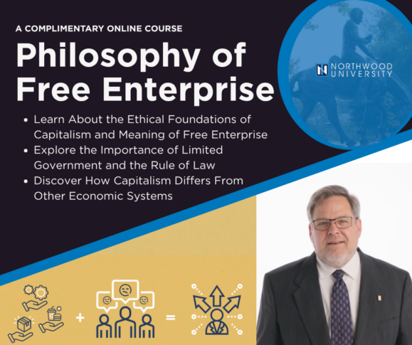 Promotional graphic for a free online course on the philosophy of capitalism and free enterprise, featuring key topics and a man in a suit with glasses standing on the right, inspired by the Northwood Idea.