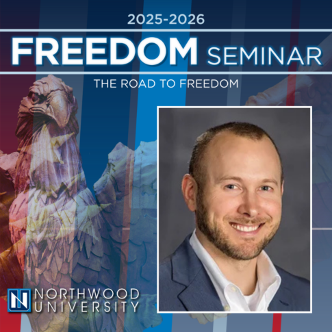 A promotional image for the 2025-2026 Freedom Seminar at Northwood University, featuring a smiling man in a suit and a statue of an eagle in the background.