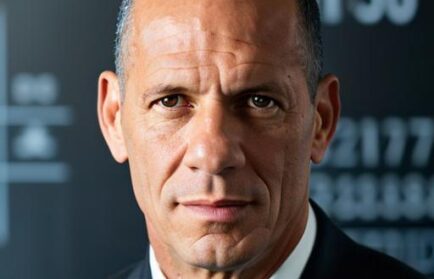 A serious-looking man in a suit stands in front of a chalkboard with numbers and graphs written on it.
