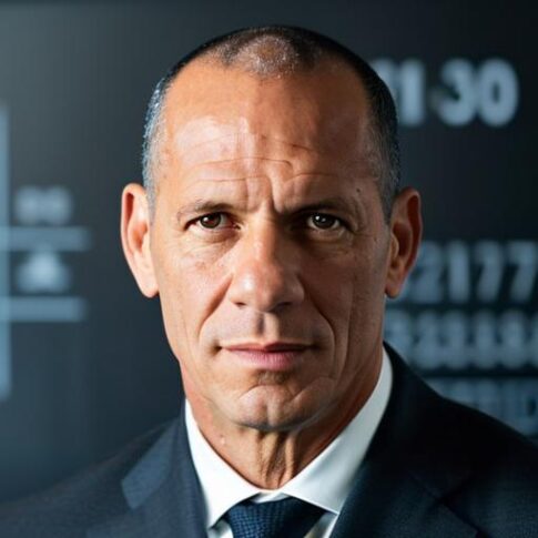 A serious-looking man in a suit stands in front of a chalkboard with numbers and graphs written on it.