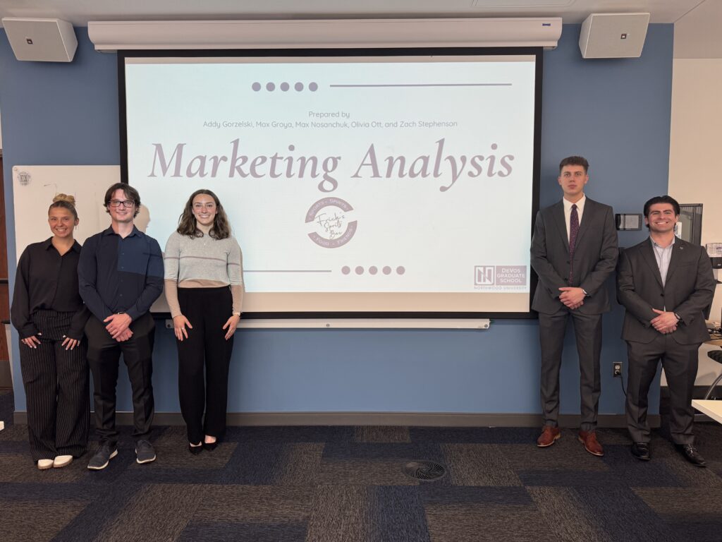 Five DeVos students stand in front of a projector screen displaying a presentation slide titled "Marketing Analysis," showcasing their real-world impact through business fieldwork projects.