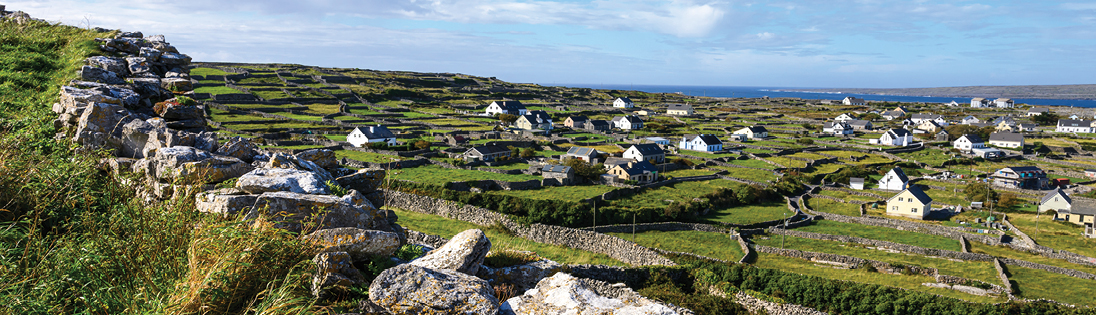 A rural Emerald Isle landscape with stone walls dividing green fields, scattered white houses, and a partly cloudy sky in the background.
