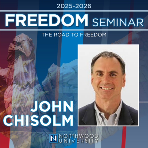 Promotional graphic for the 2025-2026 Freedom Seminar at Northwood University featuring serial entrepreneur John Chisolm, highlighting discussions on regulating AI.