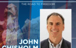Promotional graphic for the 2025-2026 Freedom Seminar at Northwood University featuring Serial Entrepreneur John Chisholm and a stylized eagle background, highlighting key topics like Regulating AI.