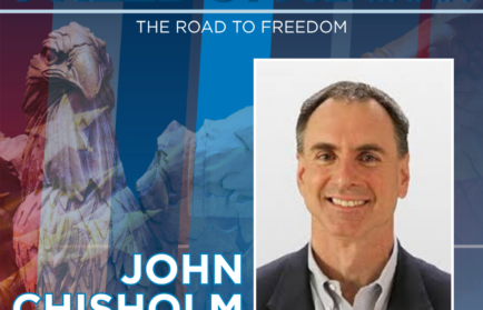 Promotional graphic for the 2025-2026 Freedom Seminar at Northwood University featuring Serial Entrepreneur John Chisholm and a stylized eagle background, highlighting key topics like Regulating AI.