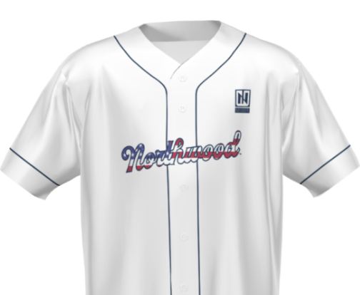A white baseball jersey with blue piping, featuring "Northwood" in stylized red, white, and blue text across the chest and a Turning Point USA Northwood "N" logo patch on the upper left.