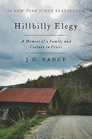 Book cover of "Hillbilly Elegy" by J.D. Vance, featuring a barn and rural landscape under a cloudy sky with trees and a gravel road.