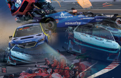A collage of various racing vehicles including motorcycles, Formula 1 and Indy cars, stock cars, rally cars, and pit crews in action on race tracks.