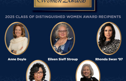 The 2025 Distinguished Women Award recipients are Anne Doyle, Eileen Sieff Stroup, Rhonda Swan ’97, E’Lois Thomas, Ph.D., and Jennifer (Griffin) Williams ’83.