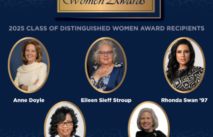 The 2025 Distinguished Women Award recipients are Anne Doyle, Eileen Sieff Stroup, Rhonda Swan ’97, E’Lois Thomas, Ph.D., and Jennifer (Griffin) Williams ’83.