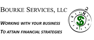 Logo for Bourke Services, LLC with the slogan "Working with your business to attain financial strategies," featuring a compass graphic with a dollar signโperfect for sponsors of events like Northwood's Distinguished Women Awards.