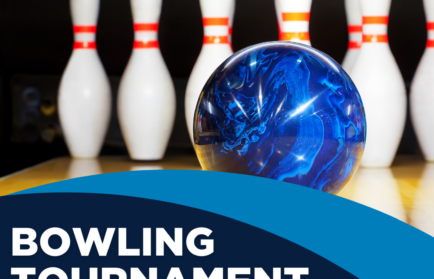 A blue bowling ball in front of pins, promoting a bowling tournament hosted by Northwood University on Friday, November 21.
