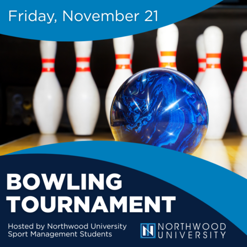 A blue bowling ball in front of pins, promoting a bowling tournament hosted by Northwood University on Friday, November 21.
