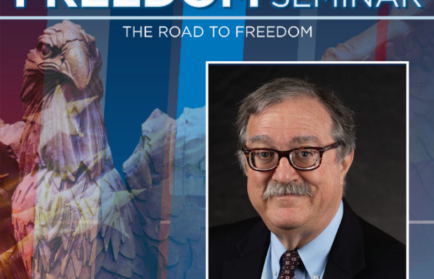 Portrait of a man in a suit and glasses appears beside an eagle sculpture, promoting Northwood University's 2025–2026 Freedom Seminar: "The Road to Freedom," exploring America’s 250-Year Experiment with insight from leading historians.