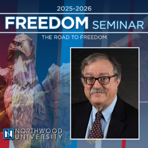 Portrait of a man in a suit and glasses appears beside an eagle sculpture, promoting Northwood University's 2025–2026 Freedom Seminar: "The Road to Freedom," exploring America’s 250-Year Experiment with insight from leading historians.