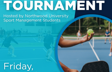 Poster for a pickleball tournament hosted by Northwood University students, featuring date Friday, December 5, images of players, and the university's logo.
