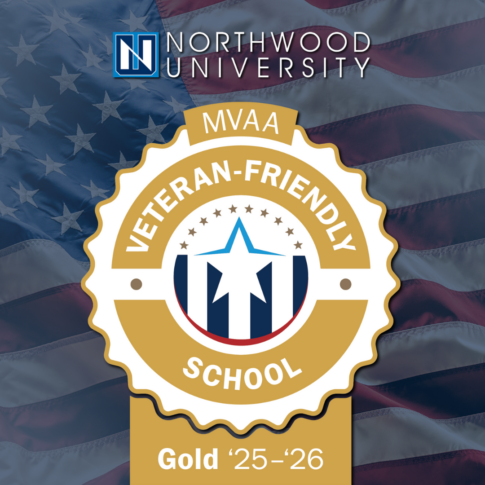 Northwood University badge labeled "MVAA Veteran-Friendly School, Gold '25-'26" over an American flag background.