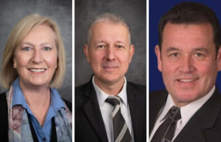 Three adults in business attire pose for headshots against neutral backgrounds, with two men in suits and ties and one woman in a blue shirt and patterned scarf.
