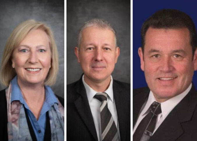 Three adults in business attire pose for headshots against neutral backgrounds, with two men in suits and ties and one woman in a blue shirt and patterned scarf.