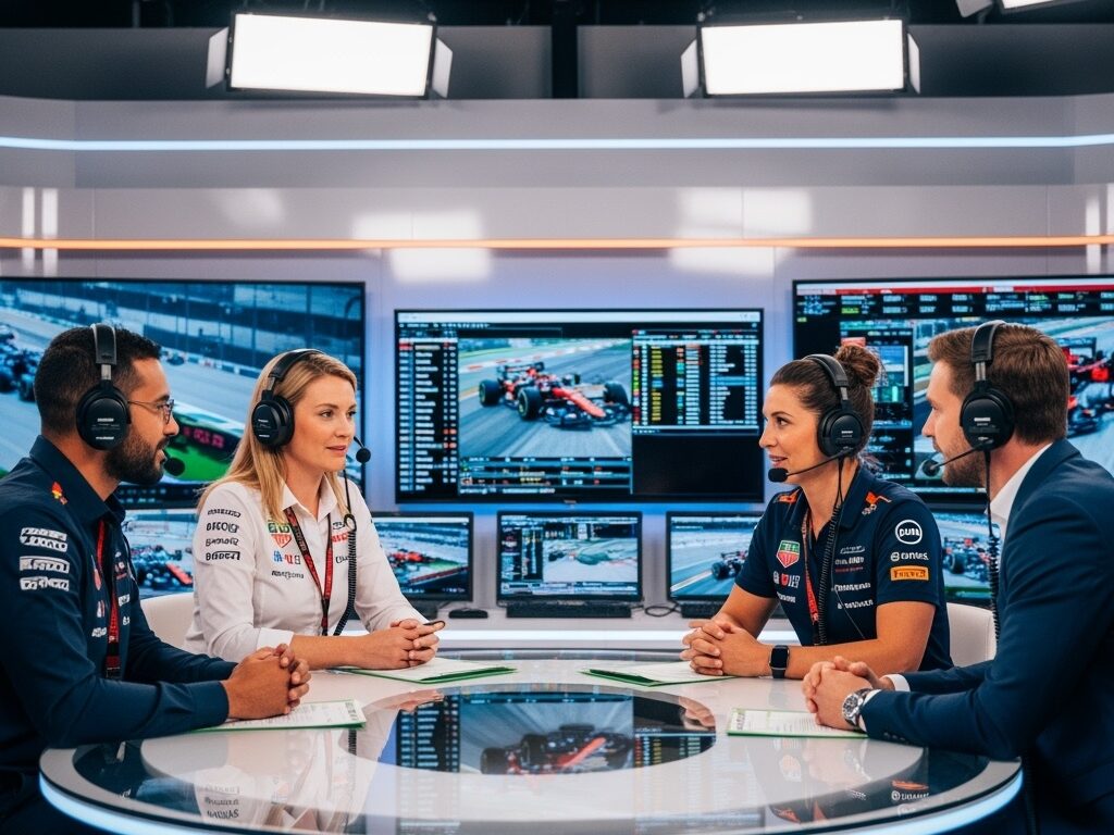 Four commentators wearing headsets discuss Formula 1 race coverage at a broadcast desk, with multiple screens displaying race footage and motorsports data in the background.