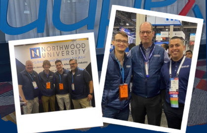 Three photos show Northwood University representatives at the AAPEX event, standing together and posing for pictures by event signage and booths.