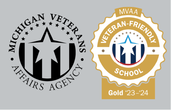Logos for Michigan Veterans Affairs Agency and MVAA Veteran-Friendly School Gold 2023-2024 badge, featuring stars and shield designs.