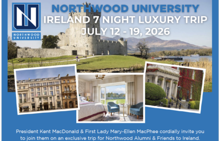 Promotional flyer for Northwood University’s Ireland 7 Night Luxury Trip, scheduled for July 12-19, 2026, featuring images of Irish landscapes and buildings.