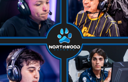 Four esports players wearing headsets are seated at gaming setups, with the Northwood Esports logo displayed in the center of the image.