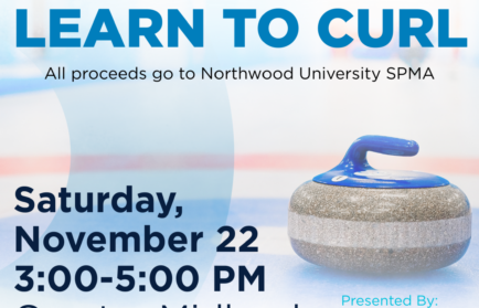 Event flyer for "Timby's Learn to Curl" at Greater Midland Curling Center on Saturday, November 22, 3-5 PM, hosted by Northwood University; features a curling stone.