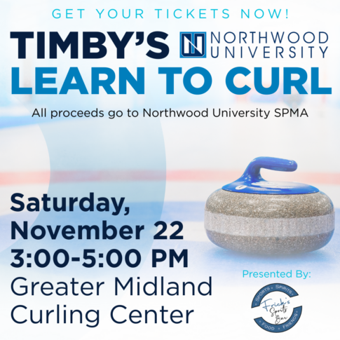 Event flyer for "Timby's Learn to Curl" at Greater Midland Curling Center on Saturday, November 22, 3-5 PM, hosted by Northwood University; features a curling stone.