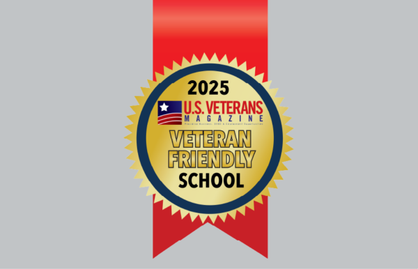 A gold and red badge reads "2025 U.S. Veterans Magazine Veteran Friendly School" on a gray background, showcasing Northwood University's Academic Rankings commitment to supporting veterans.