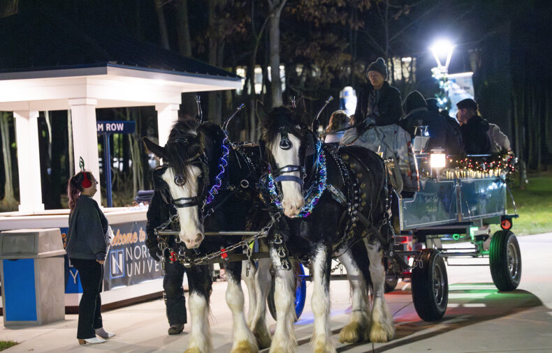 Two decorated horses pull a lit-up wagon with people on board at night, near a Northwestern University sign and a small pavilion—capturing the spirit of Winter Wonderland enhancements on Dec. 9.