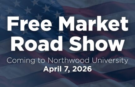 Promotional graphic for the Free Market Road Show at Northwood University on April 7, 2026, featuring an American flag background and sponsor logos.