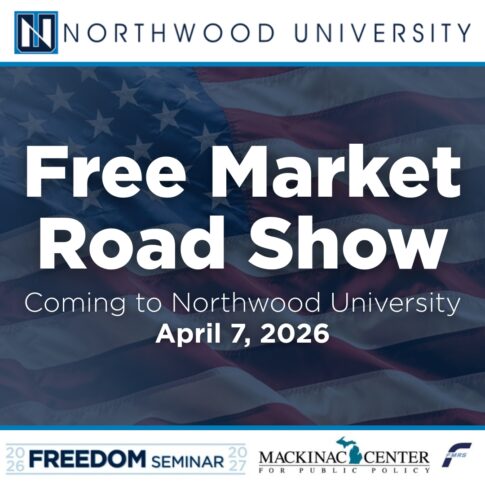 Promotional graphic for the Free Market Road Show at Northwood University on April 7, 2026, featuring an American flag background and sponsor logos.