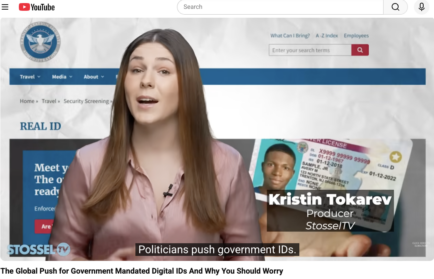 A woman speaks on camera with a government ID graphic beside her; the subtitle reads, “Politicians push mandated digital IDs.”.