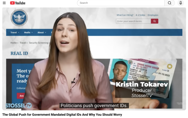 A woman speaks on camera with a government ID graphic beside her; the subtitle reads, “Politicians push mandated digital IDs.”.