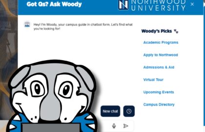 Screenshot of Northwood University’s website chat feature showing "Woody," a cartoon mascot with a laptop, and a menu of campus information options.