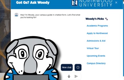 Screenshot of Northwood University’s website chat feature showing "Woody," a cartoon mascot with a laptop, and a menu of campus information options.