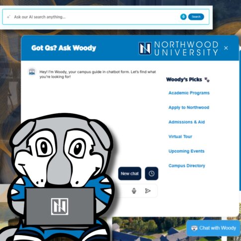 Screenshot of Northwood University’s website chat feature showing "Woody," a cartoon mascot with a laptop, and a menu of campus information options.