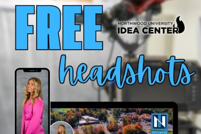 Flyer for Northwood University Idea Center offering free headshots, featuring a sample headshot and LinkedIn profile. Contact email provided to book a session.