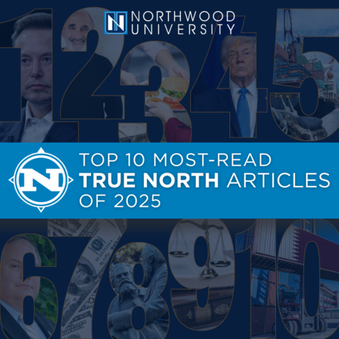 Collage featuring numbers 1 to 10, various images, the Northwood University logo, and text reading “True North: Top 10 Most-Read Articles of 2025.”.