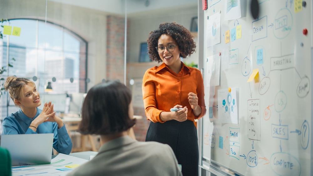 A woman stands at a whiteboard covered with diagrams and sticky notes, presenting concepts of Applied Management to two colleagues seated at a table in a modern office.