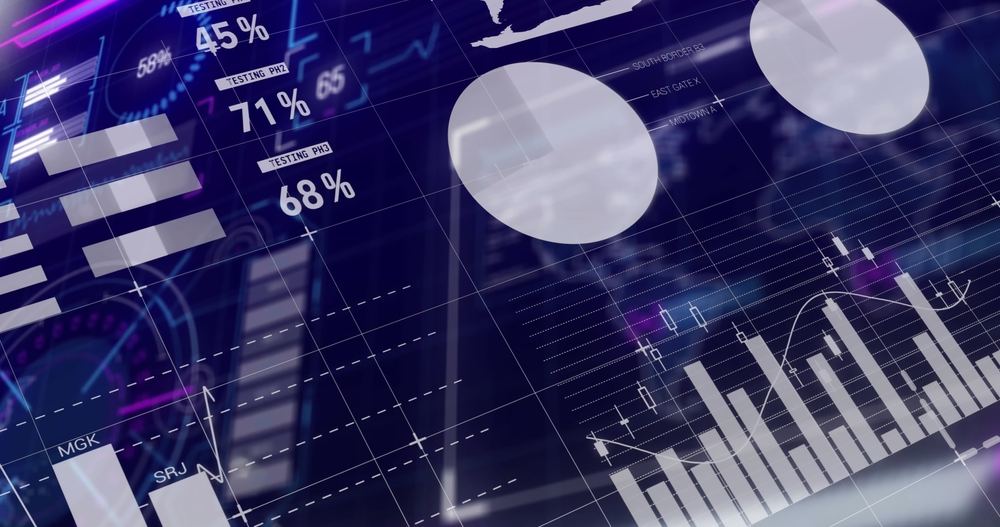 Digital dashboard displaying bar graphs, pie charts, percentages, and various data analytics visualizations on a dark, tech-themed background.
