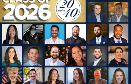 A collage features 20 headshots of Northwood University’s “20 Under 40” alumni class of 2026, with the event logo and title displayed at the top.