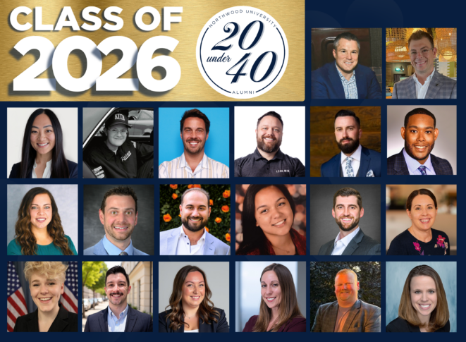 A collage features 20 headshots of Northwood University’s “20 Under 40” alumni class of 2026, with the event logo and title displayed at the top.