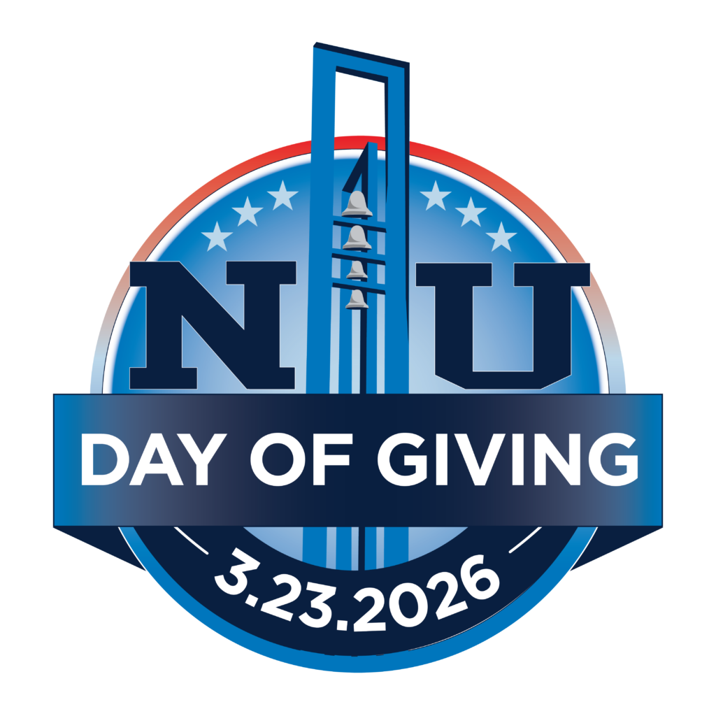 Circular Day of Giving logo featuring a bell tower, "NU" letters, and stars. A banner displays "Day of Giving 3.23.2026" in white text on a blue background.