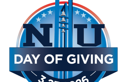 Circular Day of Giving logo featuring a bell tower, "NU" letters, and stars. A banner displays "Day of Giving 3.23.2026" in white text on a blue background.