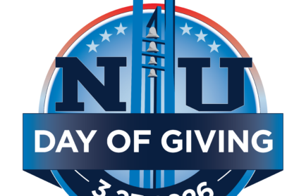 Circular Day of Giving logo featuring a bell tower, "NU" letters, and stars. A banner displays "Day of Giving 3.23.2026" in white text on a blue background.