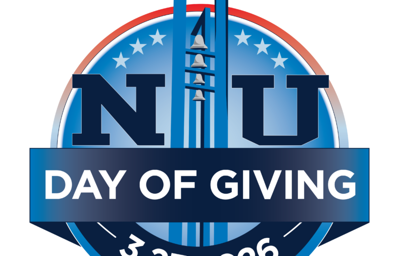Circular Day of Giving logo featuring a bell tower, "NU" letters, and stars. A banner displays "Day of Giving 3.23.2026" in white text on a blue background.