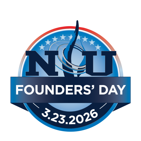 A circular emblem with "NU" text, a flame, and stars, reading "Founders’ Day 3.23.2026" on a blue banner—perfect for celebrating Day of Giving.
